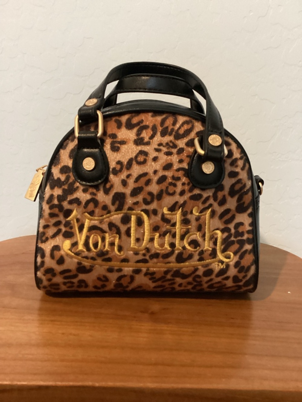 Von Dutch Leopard Mini Satchel in Black, Brown & Gold Embroidered Logo
